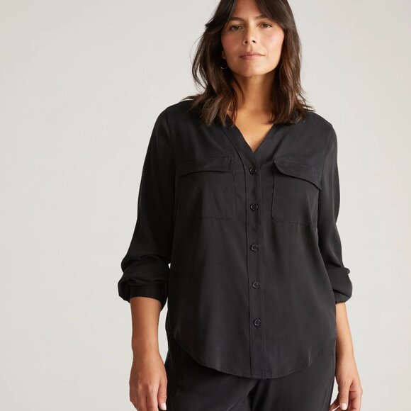 Universal Standard Black Cooling Stretch Cupro Button Down Blouse - Picture 2 of 5